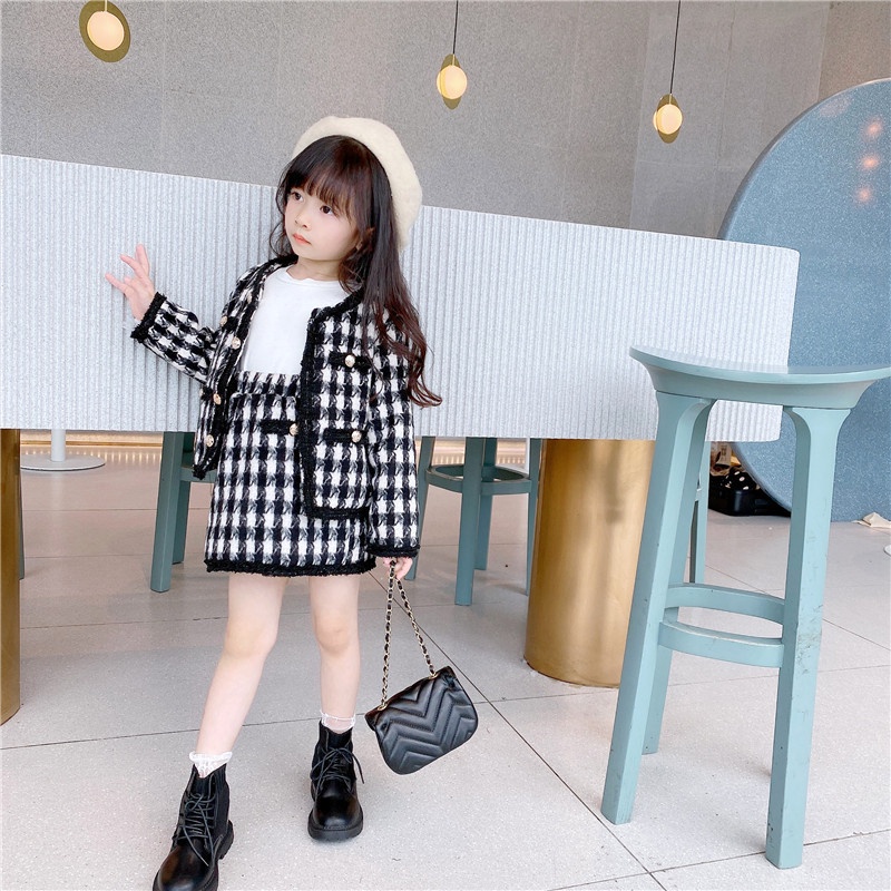 Quần áo trẻ em set vest kẻ dạ lông đen trắng bé gái Hàng Quảng Châu