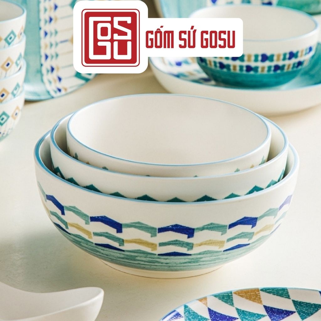 Bộ bát đĩa gốm sứ Gosu cao cấp phong cách Bắc Âu mã PDS018 màu xanh đại dương.