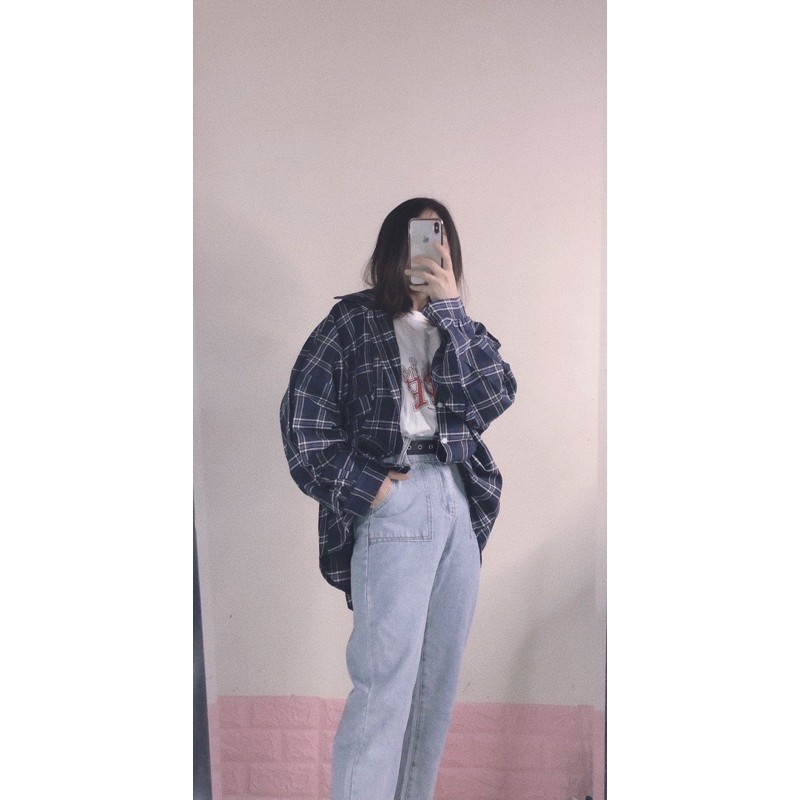 A026 Áo sơ mi kẻ caro tay bồng oversize nam nữ Áo chống nắng khoác ngoài đen trắng unisex dáng rộng hè thu dài tay phồng