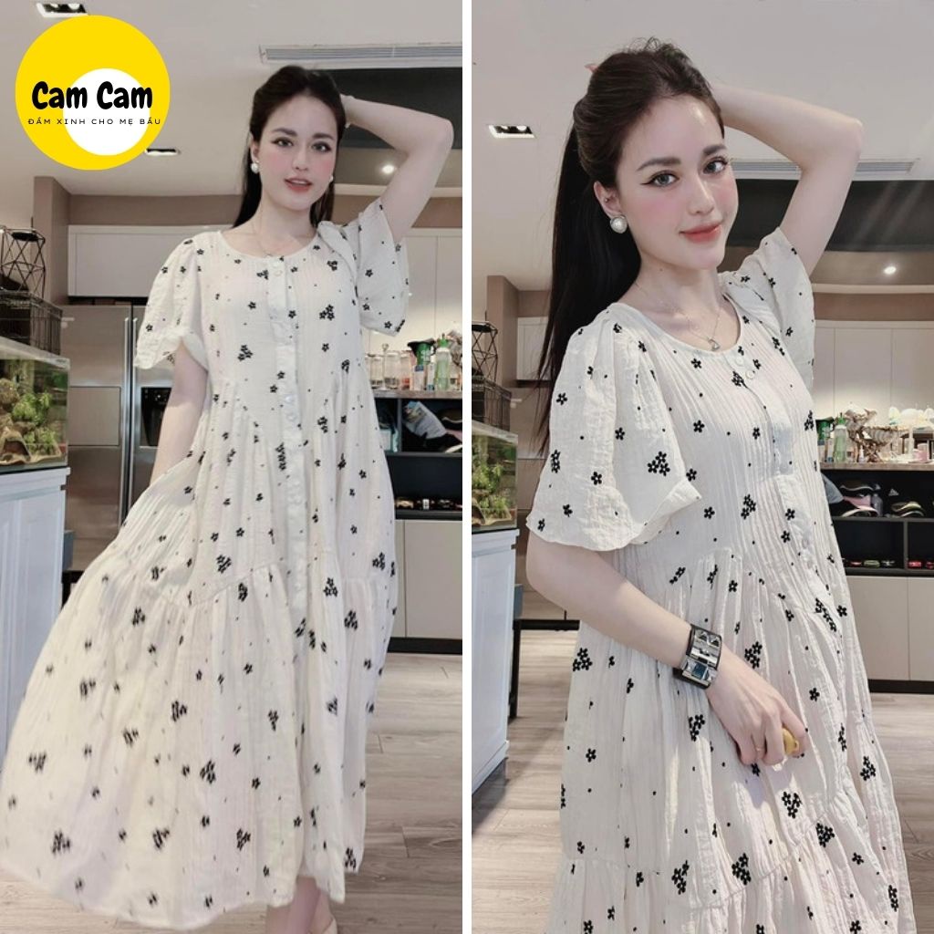 Váy bầu xinh chất liệu lụa mát, 2 lớp trắng hoạt tiết đen, 2 mẫu cực xinh