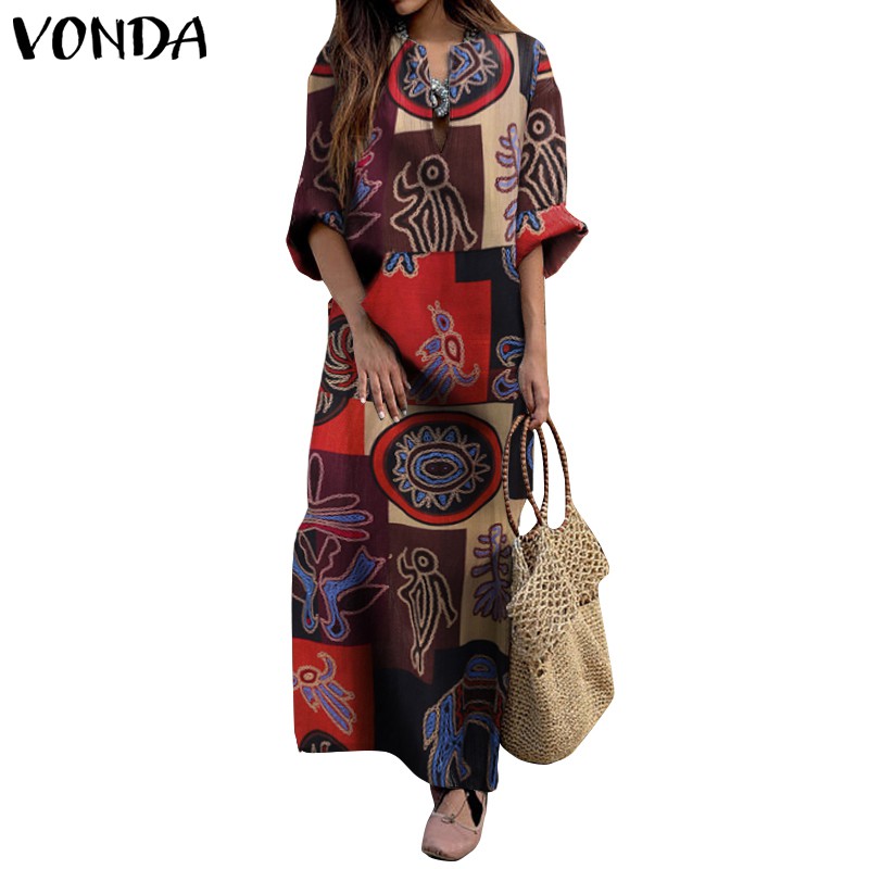 Đầm VONDA tay dài form rộng in họa tiết phong cách bohemian sành điệu cho nữ