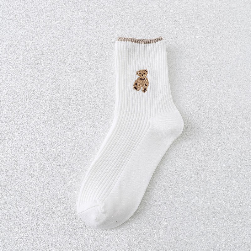 Tất nữ cổ cao vải cotton thêu hình chú gấu hoạt hình phong cách Hàn Quốc