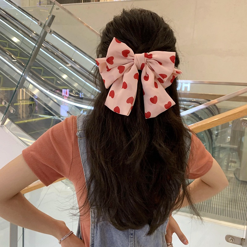 Kẹp tóc hình dáng nơ bằng vải chiffon họa tiết trái tim thời trang Hàn Quốc dễ thương cho nữ