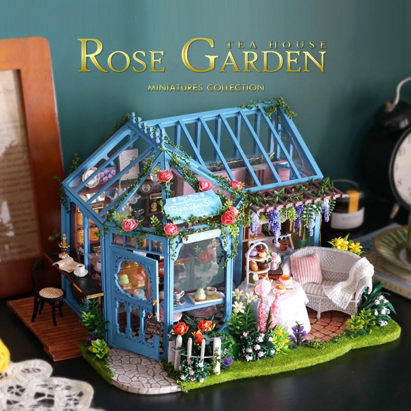 Mô hình nhà búp bê DIY Doll House Miniature_ ROSE GARDEN TEA HOUSE _Tặng TẤM CHE BỤI + KEO + CÓT NHẠC