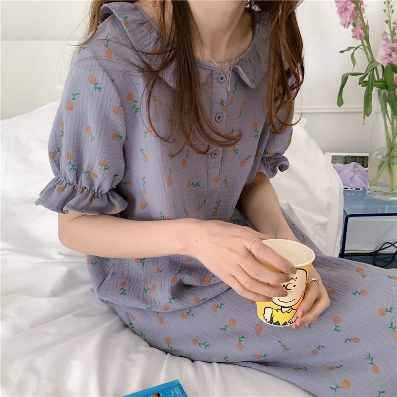 Đồ ngủ Công Chúa Dài Qua Gối Chất Liệu Cotton Phối Lưới Phong Cách Hàn Quốc