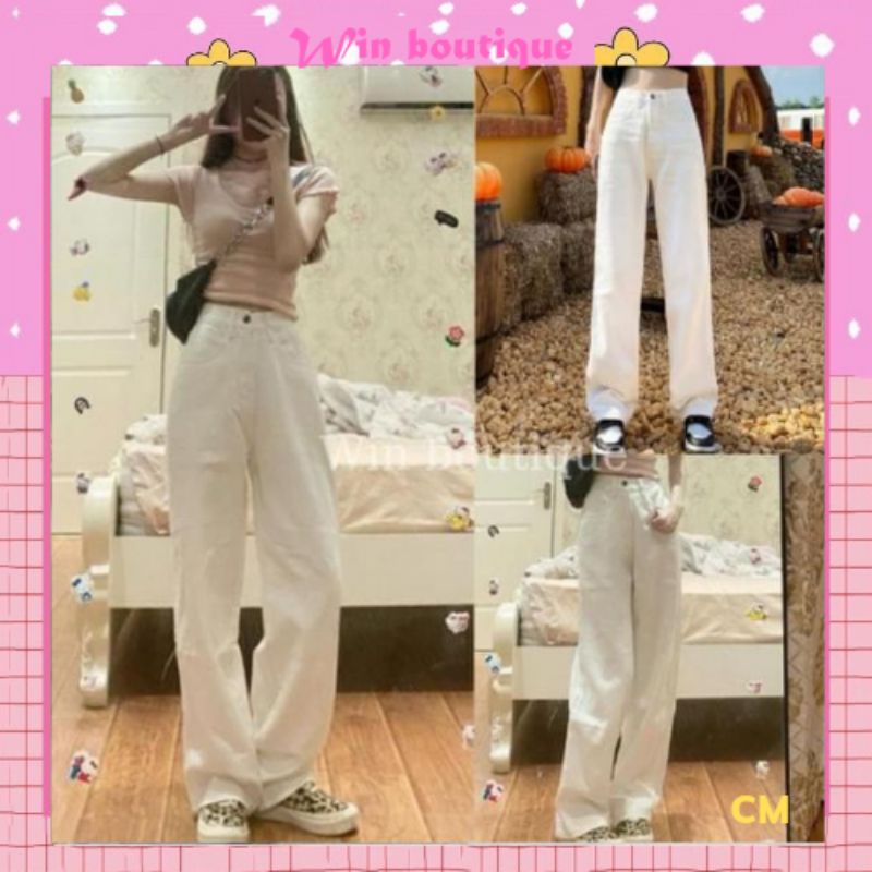 Quần jeans cạp cao chất liệu bò dày đẹp phom suông rộng hack dáng Hot 2022
