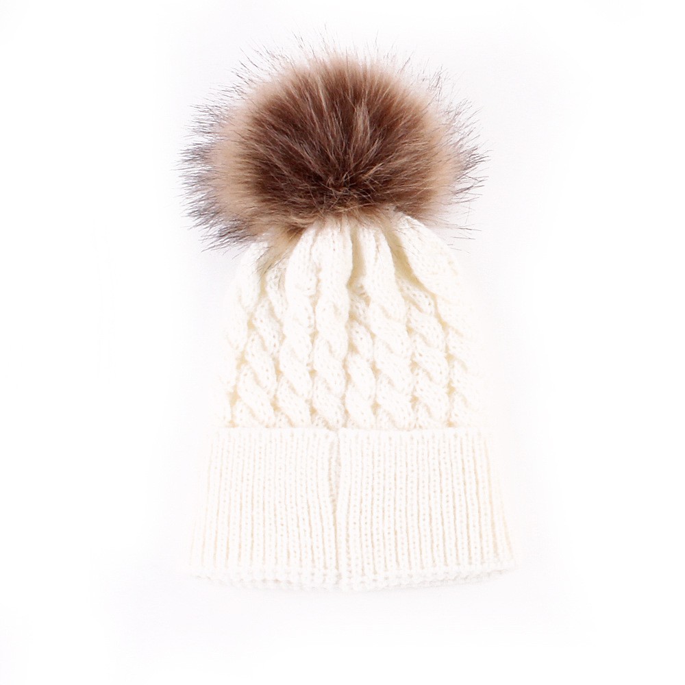 Mũ len màu trơn thiết kế gắn quả cầu lồng thời trang mùa đông cho bé