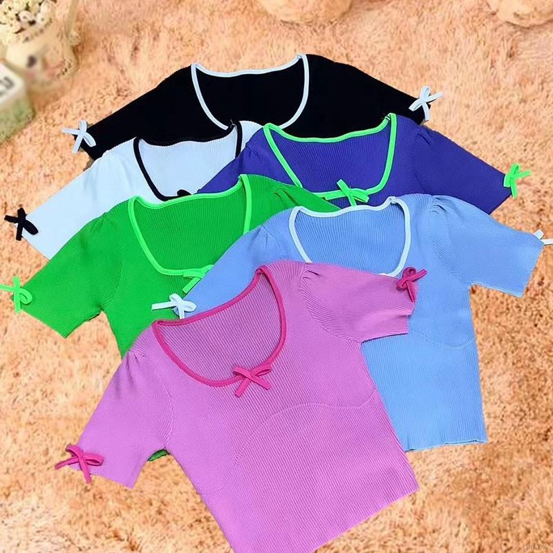 Áo Thun Tay Ngắn Cổ Chữ U Phối Nơ Xinh Xắn Phong Cách Hàn Quốc Dành Cho Bạn Gái