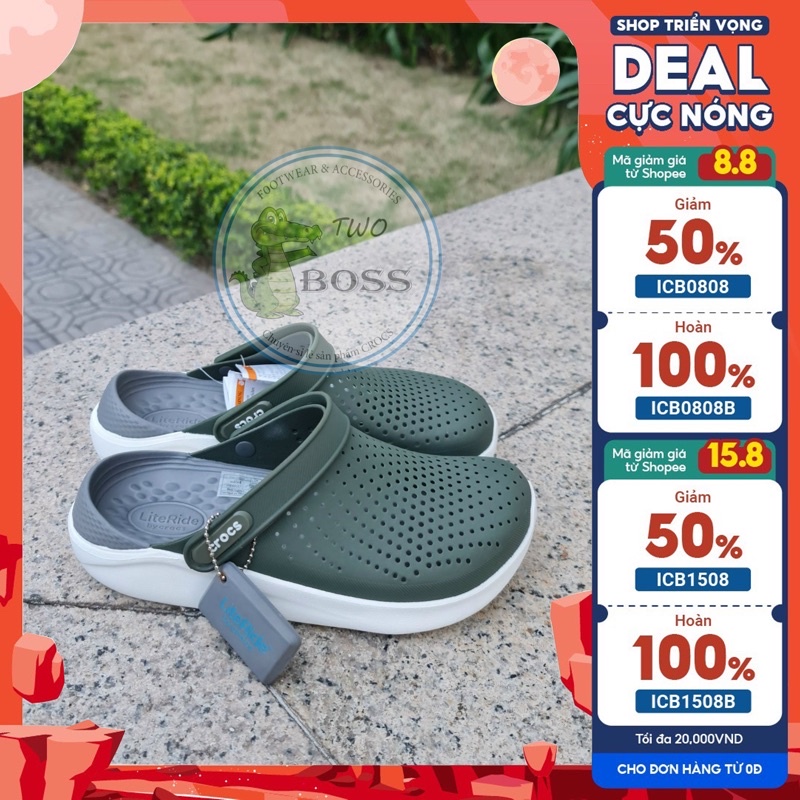 Dép Cross Literide Nam Nữ màu XANH RÊU đế xám, Hàng Việt Nam Xuất Khẩu full tag, full box hãng