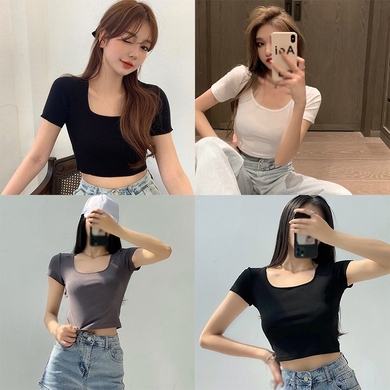 Áo Croptop Cổ Vuông Tay Ngắn Màu Sắc Đơn Giản Trẻ Trung Dành Cho Nữ