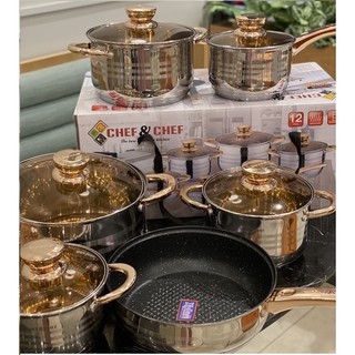 BỘ NỒI ĐỨC 6 MÓN 12 CHI TIẾT BẰNG INOX SIÊU DẦY DẶN