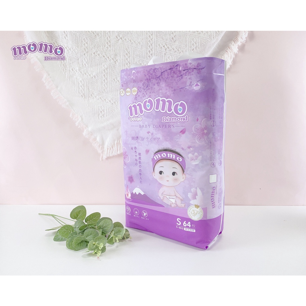 Bỉm tã dán/quần MOMO DIAMOND ORGANIC Sd64/Md62/ M60/L54/XL50/XXL48/XXXL46 tinh chất hoa