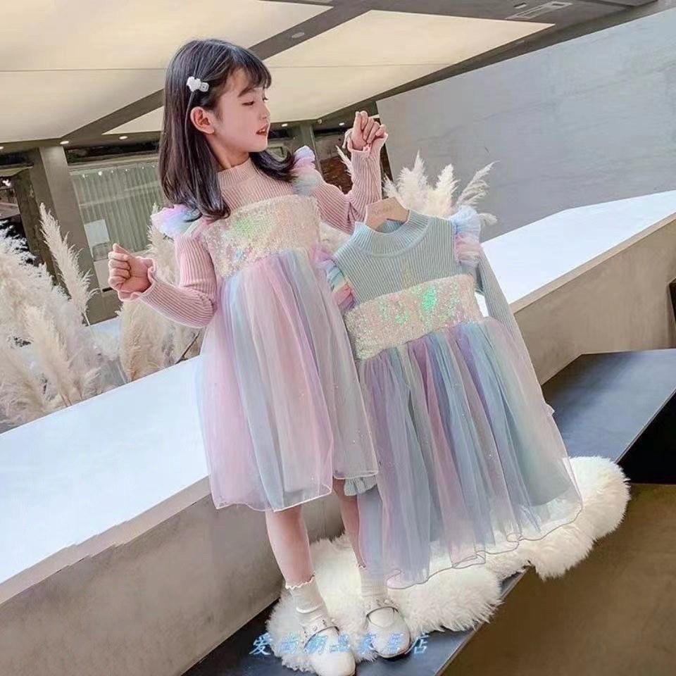 Váy len dài tay cầu vồng nhiều màu cho bé gái (Cao 90-140cm, nặng 10-30kg) N01019