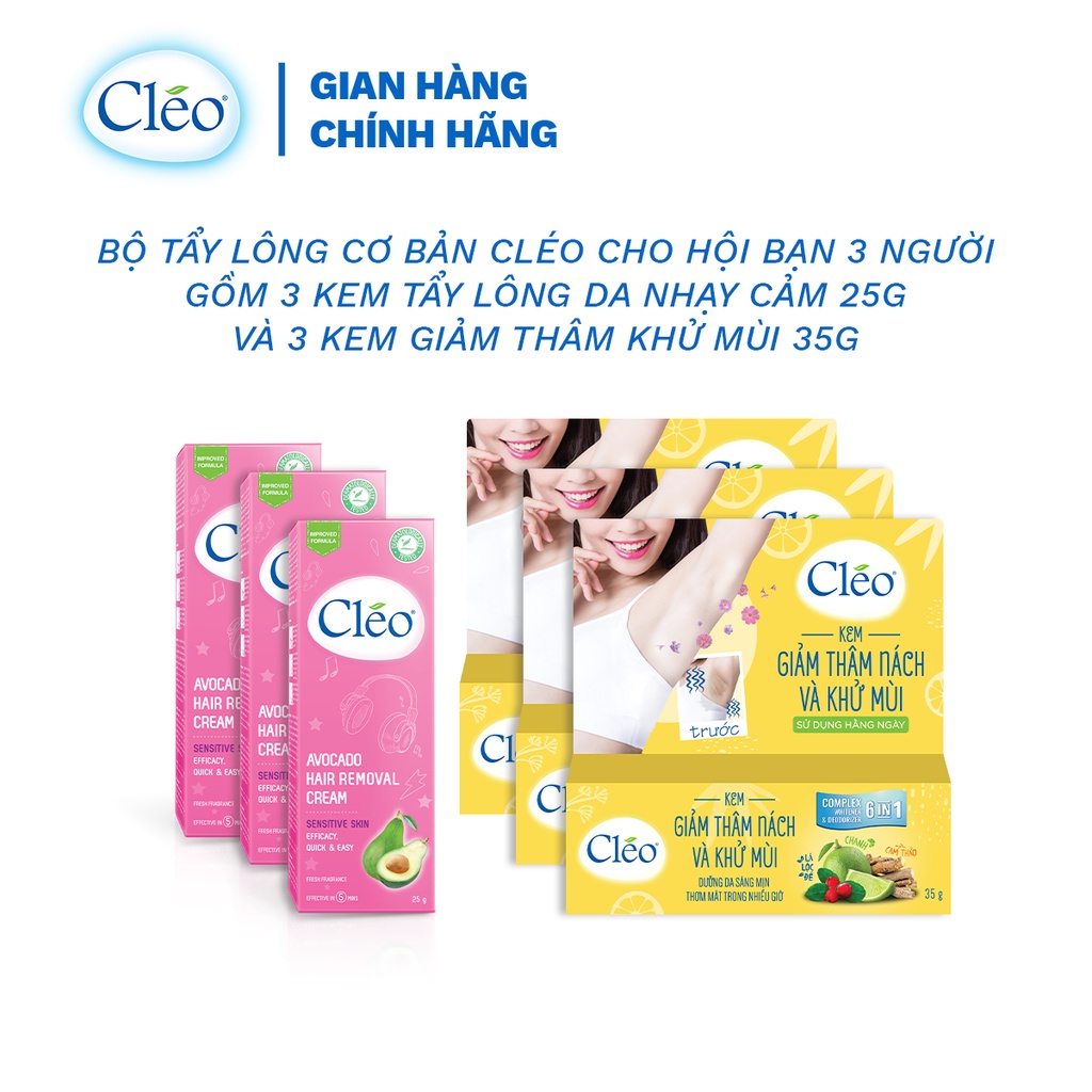 Bộ tẩy lông nách cơ bản Cleo cho hội bạn 3 người gồm 3 kem tẩy lông nách da nhạy cảm 25g và 3 kem giảm thâm khử mùi 35g