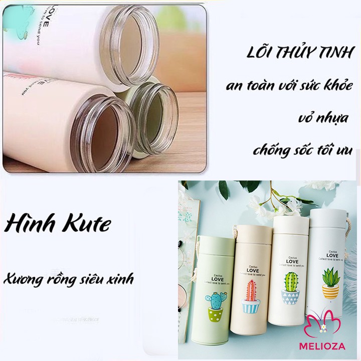Bình Thủy Tinh Giữ Nhiệt Full Hộp [CHỐNG VA ĐẬP, CHỐNG VỠ] Hình Xương Rồng Cactus Love Siêu Kute 400ml BN01