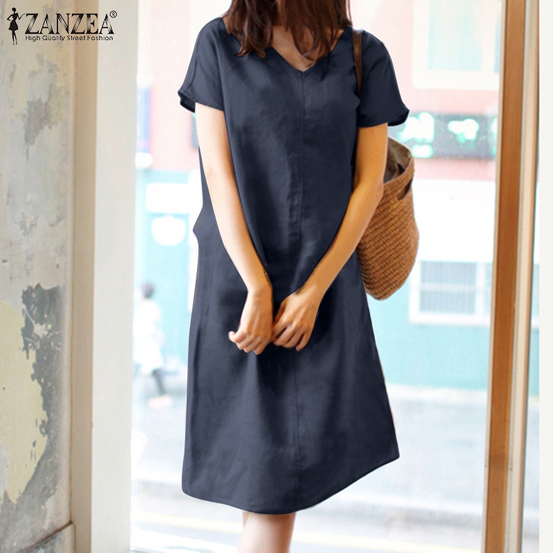 Zanzea Đầm Nữ Tay Ngắn Cổ Chữ V Thời Trang Retro