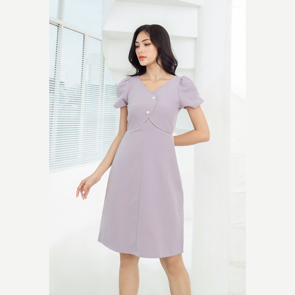 Đầm công sở nữ dáng chữ a thiết kế thời trang Eden tay ngắn cổ tim phối nút dây kéo sau lưng - D462