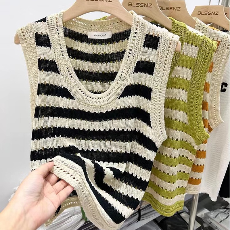 SUXI Áo Thun Dệt Kim Sát Nách Dáng Rộng Cổ Chữ U Kẻ Sọc Thời Trang Mùa Hè Hàng Mới Dành Cho Bạn Nữ