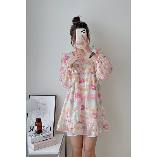 Váy babydoll hoa hồng cổ viền bèo dài tay dáng ngắn - Đầm babydoll hoa hồng baby dễ thương Peastore