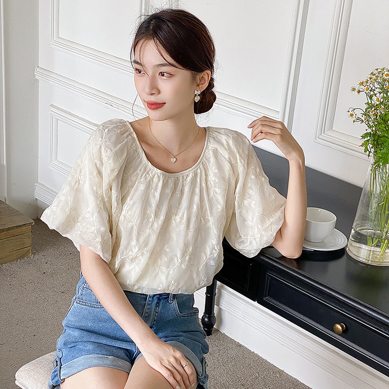 Áo Ren Cổ Tròn Thêu Họa Tiết Xinh Xắn Theo Phong Cách Retro Pháp 52852