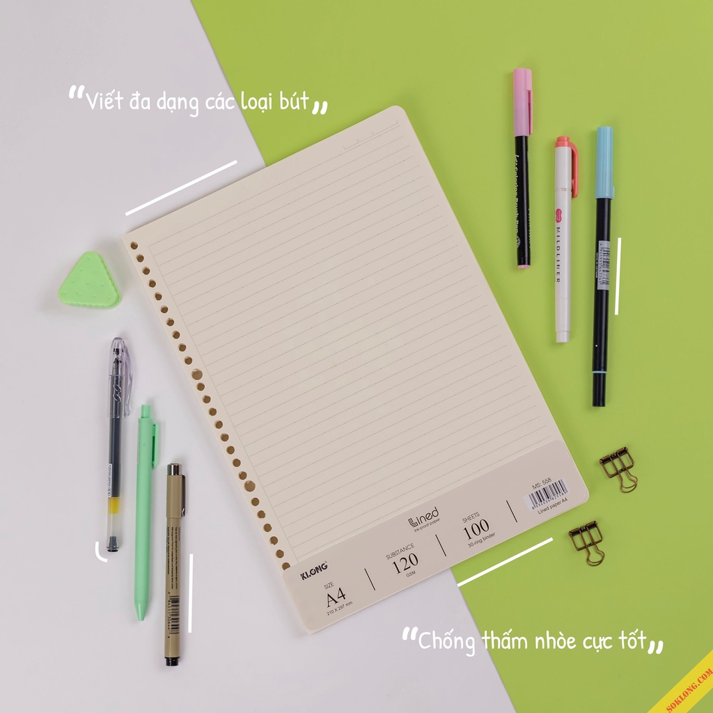 Ruột sổ còng Klong A4 gồm 100 tờ caro, dotgrid, kẻ ngang định lượng cao giấy refill binder Klong