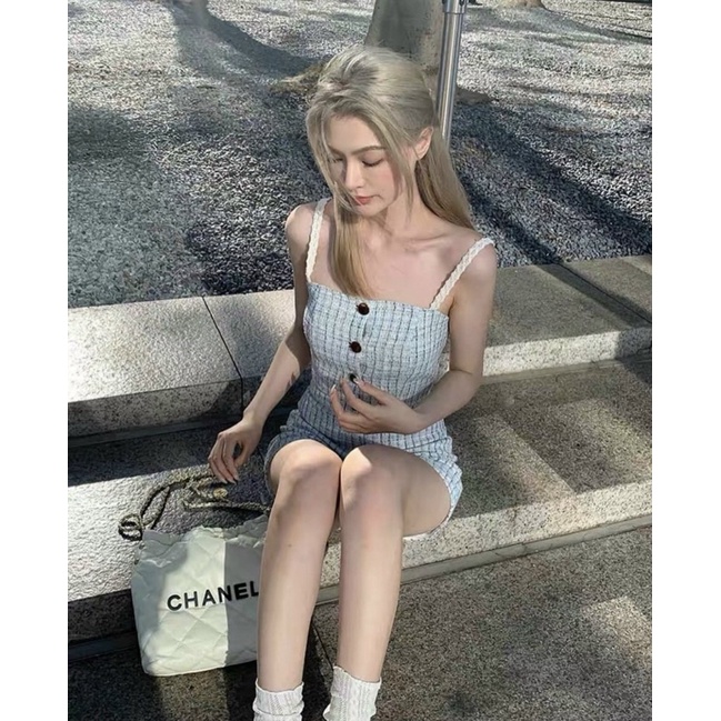 SET ÁO DẠ XANH 2 DÂY CROPTOP NÚT + QUẦN SHORT