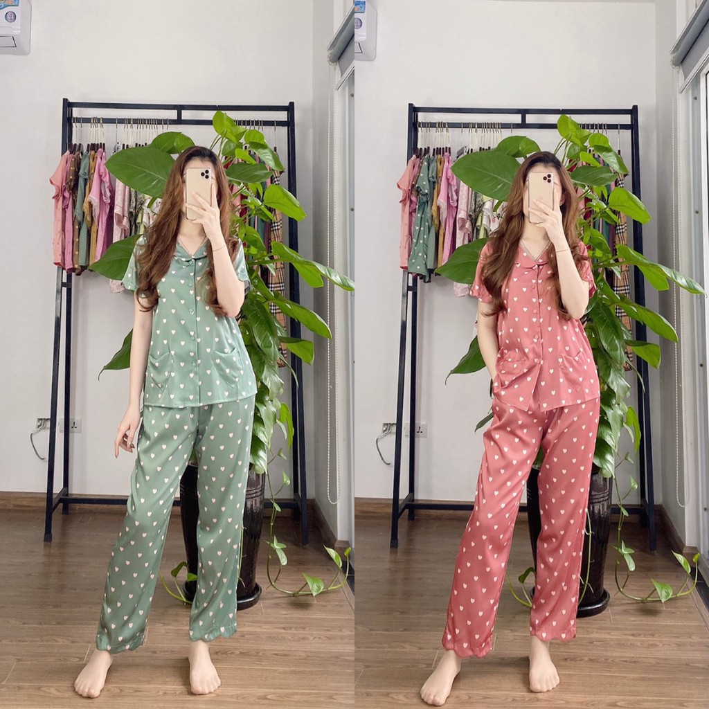 Bộ Pijama lụa giấy NOHK cao cấp mặc nhà cộc tay quần dài cổ bèo túi trái tim