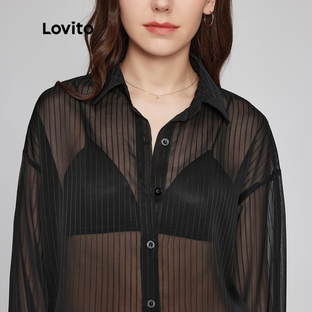 Áo Lovito phong cách thường ngày màu trơn cổ áo cài nút trước vải xuyên thấu trọng lượng nhẹ và thoáng khí L26LD023 (màu đen)