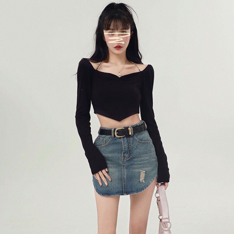 Áo thun nữ tay dài hở lưng phối dây xích, áo croptop ôm body dây xích khoe lưng A282