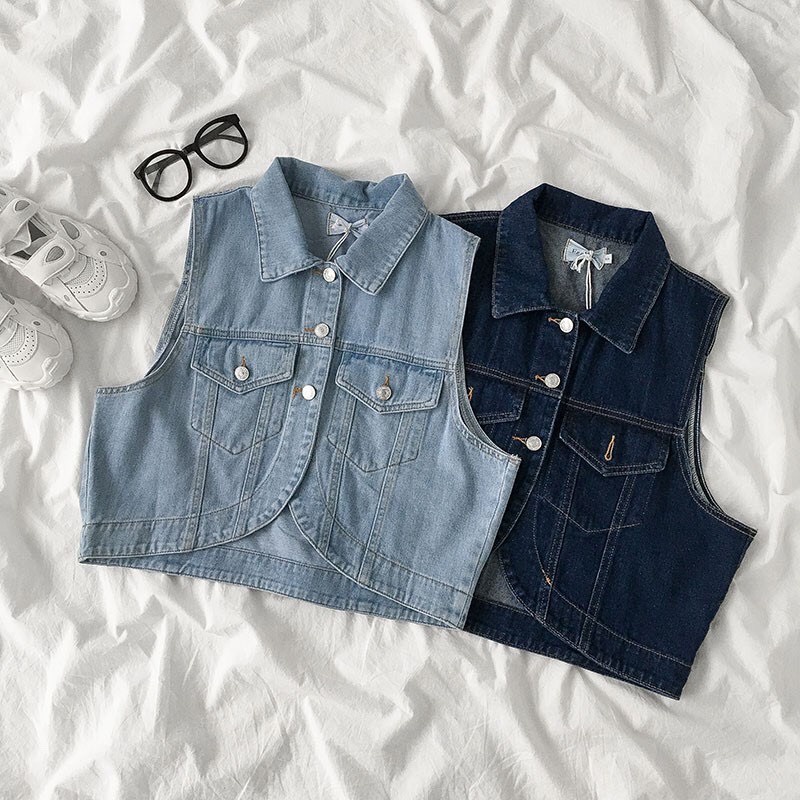Áo Gile Jeans vát tôm dáng ngắn