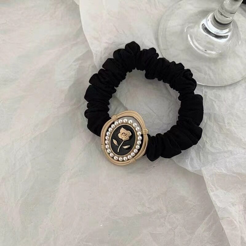 Dây Buộc Tóc Vải Satin Đính Hoa Hồng Ngọc Trai Phong Cách Vintage Thanh Lịch Cho Nữ
