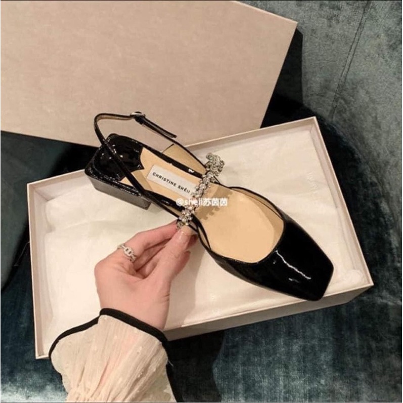 Giày cao gót Mary Jane mẫu mới mùa xuân 2022 đầu mũi vuông kết hợp dây đính đá
