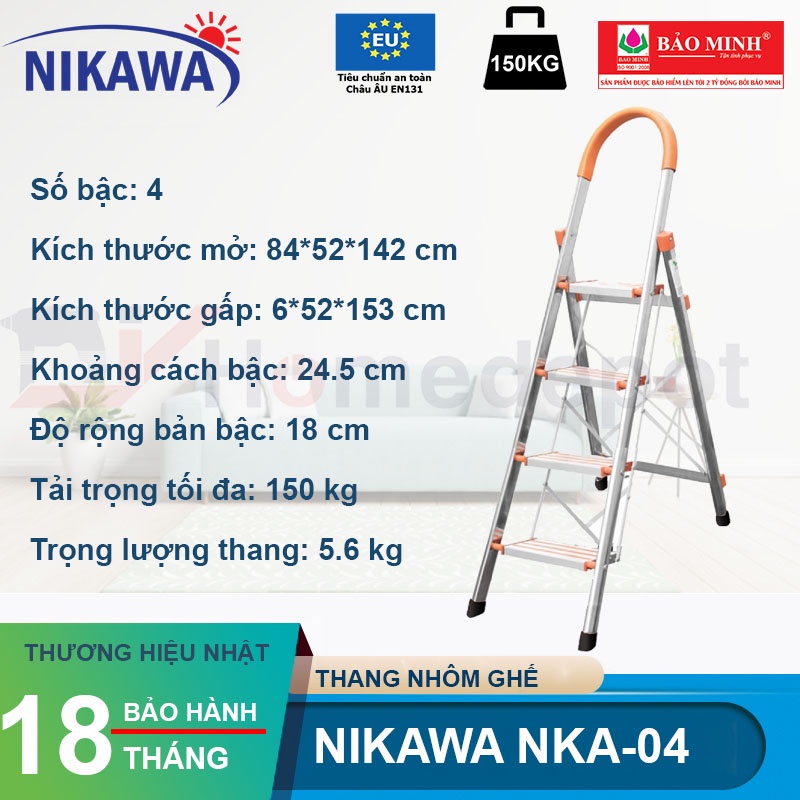 Thang nhôm 3, 4 bậc chữ a, thang ghế tay vịn gấp gọn Nikawa nhập khẩu Nhật Bản, bảo hành 18 tháng nka-03, nka-04