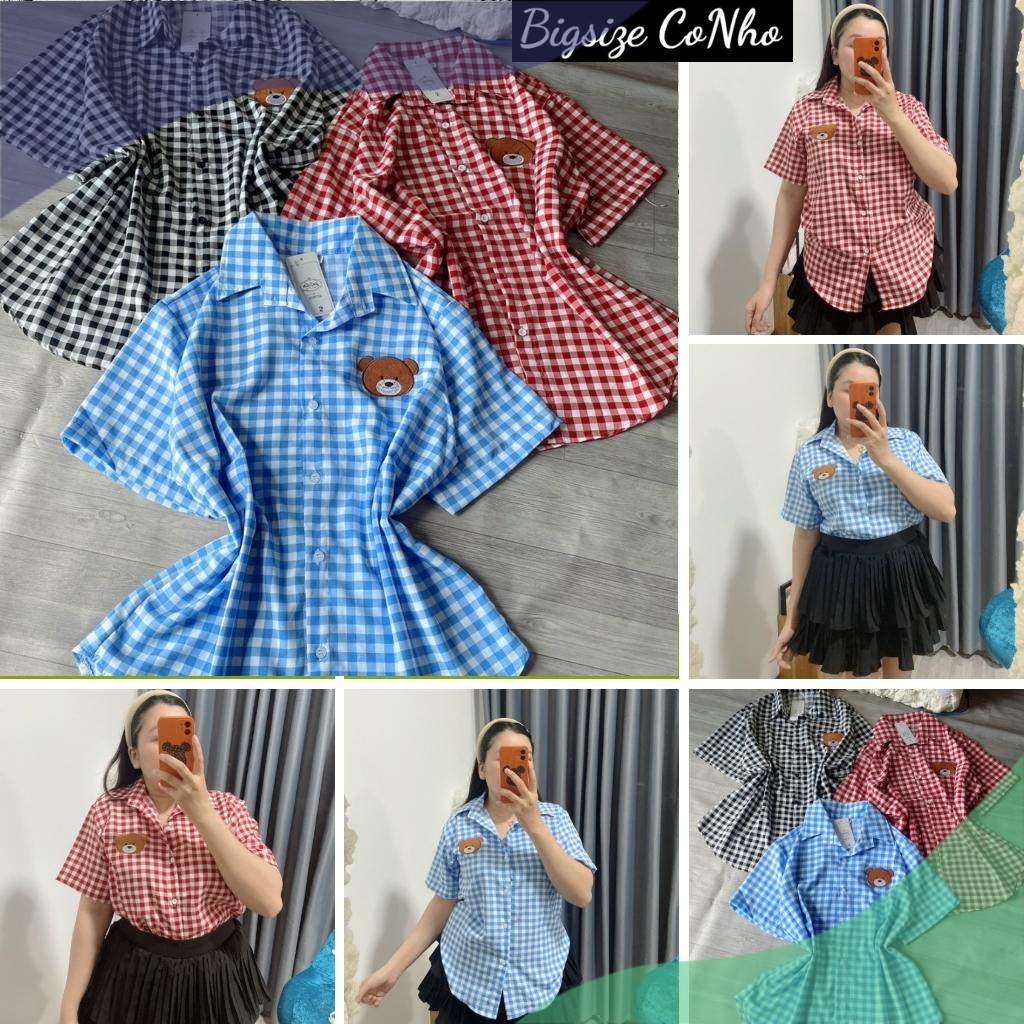 Áo sơ mi caro gấu Bigsize nữ, Áo kiểu Bigsize ngoại cỡ 60-95kg