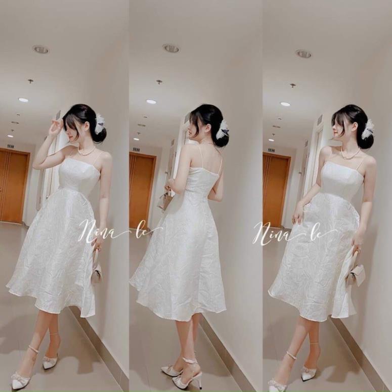 T105 Đầm xòe 2 dây có mút ngực dự tiệc cách điệu gấm hoa tapta đỏ trắng tinh khôi váy cưới tết du xuân