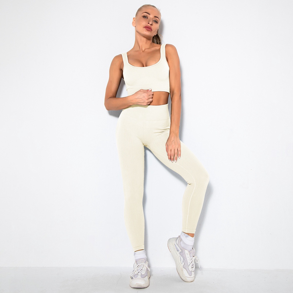 11 màu Set Nữ Dệt Kim Đồ Tập Yoga Bộ Đồ Tập Gồm Sexy Cổ áo phẳng Bra+Eo Cao Quần Dài，Thời Trang Độ Co Giãn Đồ Tập Thể Dục