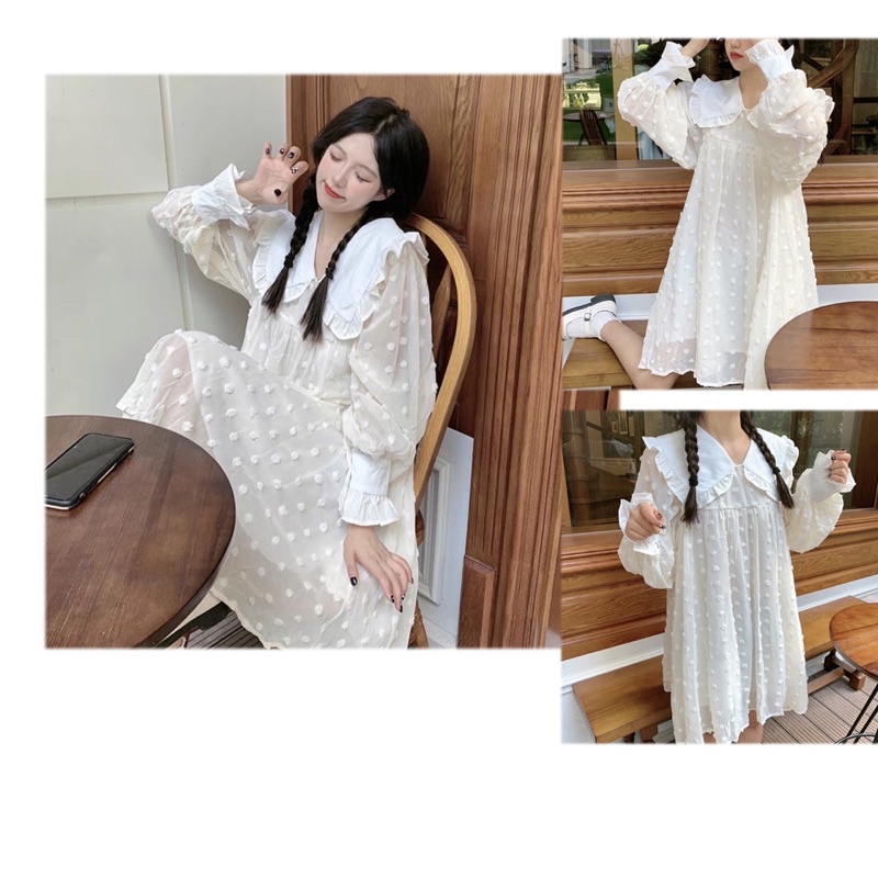 Đầm voan bi baby doll cổ sen tay bồng Ulzzang