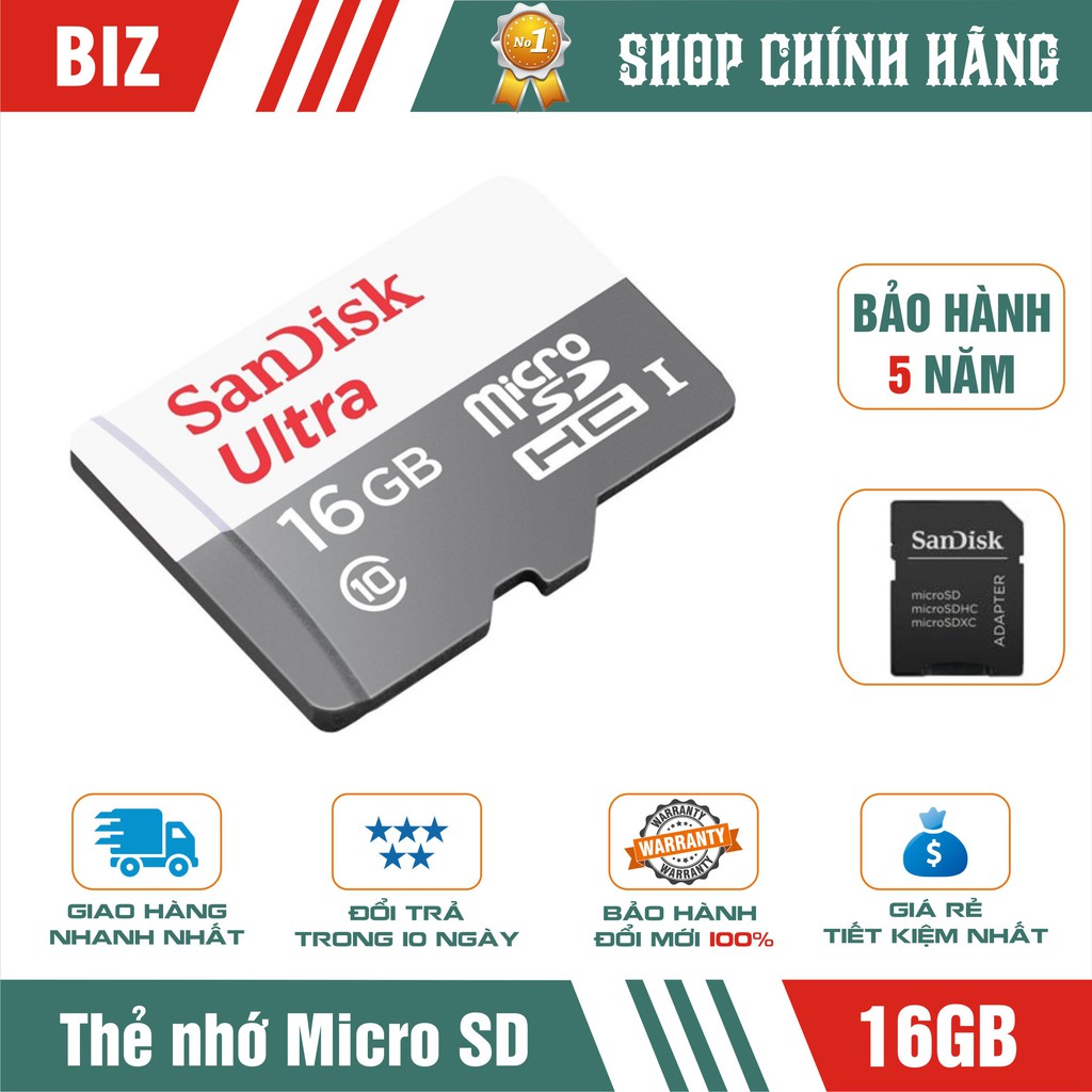 Thẻ Nhớ 16GB Sandisk MicroSD Ultra - Bảo hành 5 năm