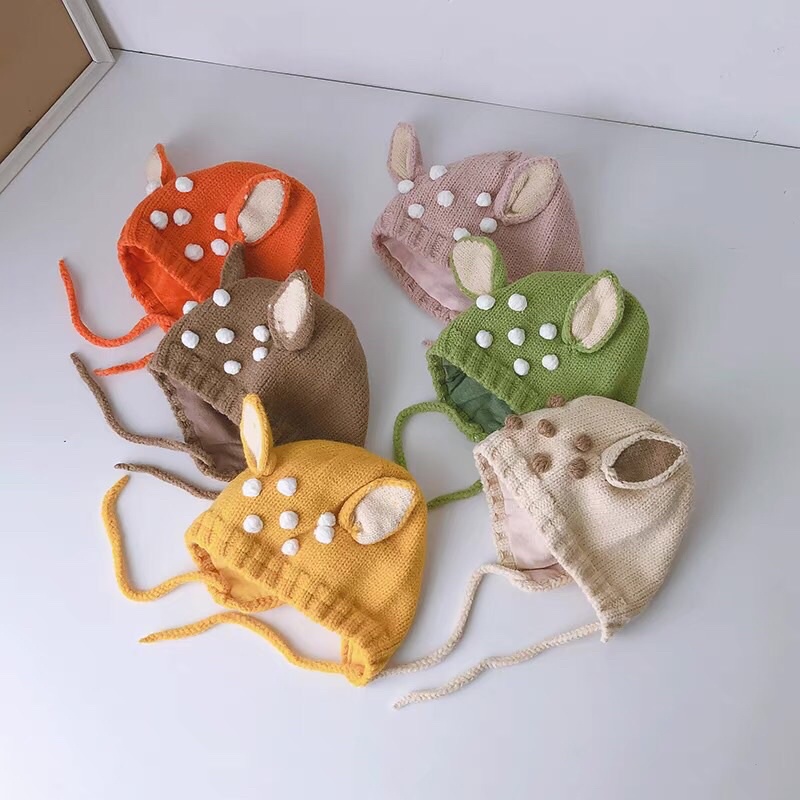 Mũ len hươu cho bé có dây buộc cực xinh 10-36 tháng