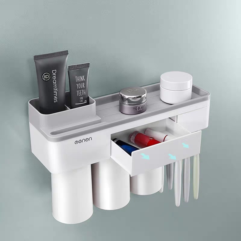 Giá treo bàn chải đánh răng oenon Kèm hộp nhả kem đánh răng tự động lắp đặt dán tường gạch men