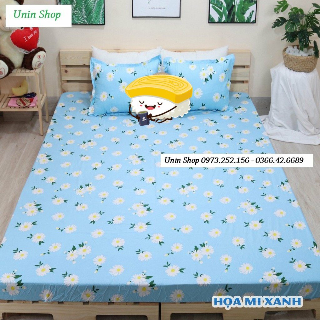 (Siêu rẻ) Ga bọc nệm, drap bo chun kích thước m6/m8 mẫu Họa Mi Xanh siêu đẹp chất Poly cotton - Ga kèm 2 áo gối