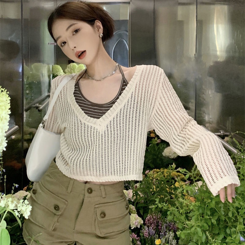 Set đồ COZOKC gồm áo cardigan dệt kim tay dài và áo không tay kẻ sọc thời trang trẻ trung