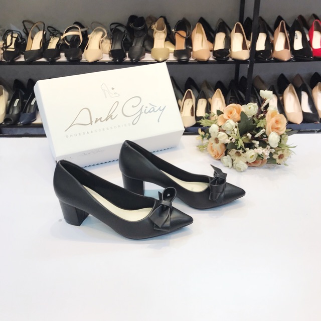 CG73 - Giày da lì mũi nhọn gót vuông 5p nơ VNXK ( ảnh thật,kèm video)