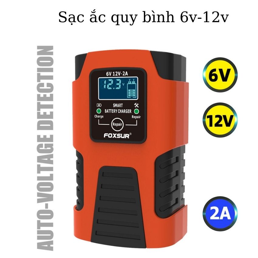 Sạc bình ắc quy 6v 12v 2A FOXSUR, sạc bình ắc quy 4AH-40AH Sạc ắc quy thông minh có khử sunfat phục hồi bình cũ