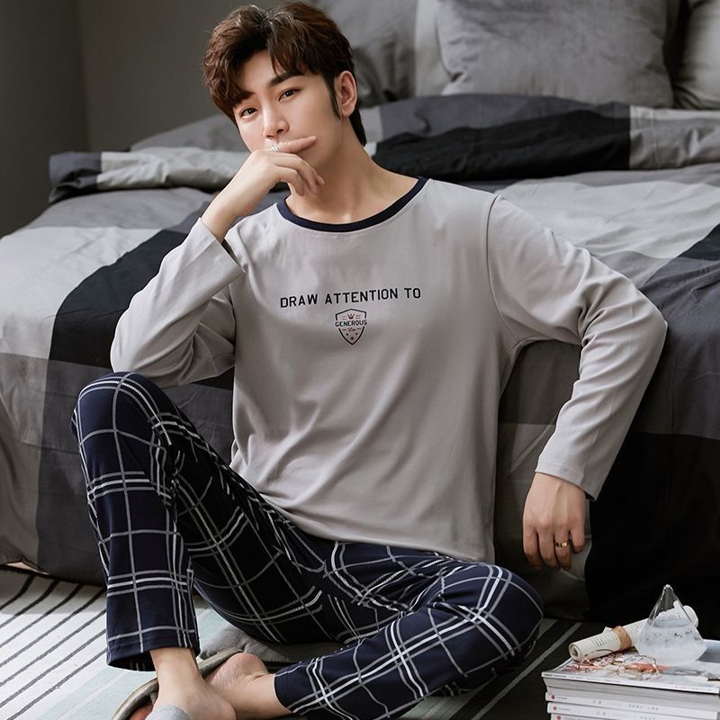 Đồ ngủ dài tay nam xuân thu rộng rãi đồ ngủ nam trung niên và thanh niên cỡ lớn mùa thu đông thể thao giải trí bộ đồ mặc nhà