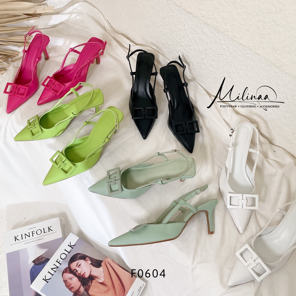 GIÀY CAO GÓT NỮ SLINGBACK GÓT NHỌN 7P BÍT MŨI PHỐI KHÓA 2 Ô VUÔNG DA MỀM F0604