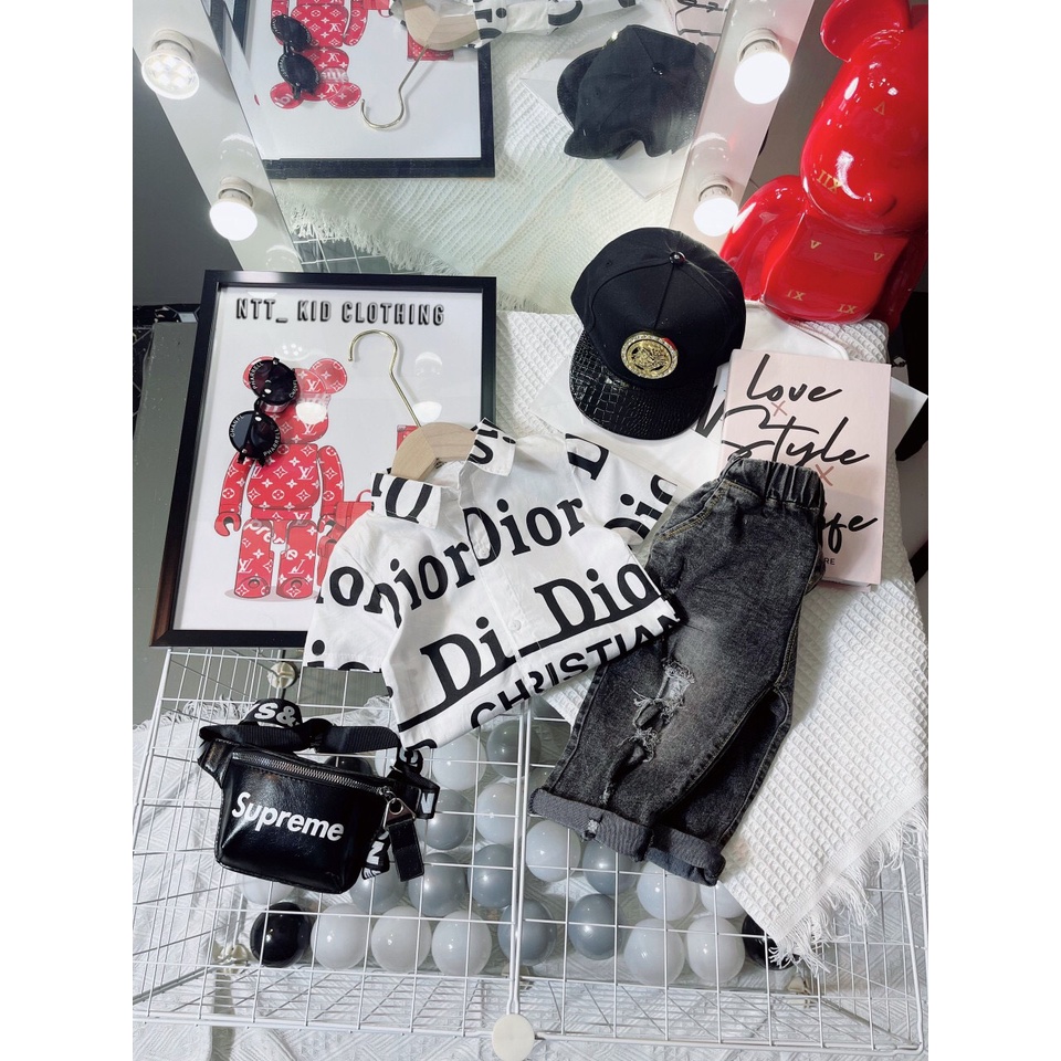 Set công tử với áo sơ mi và quần jean rách cho bé trai từ 12-26kg