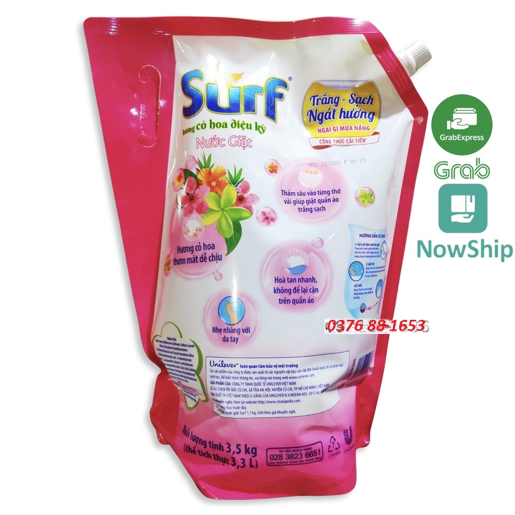 SURF Túi Nước Giặt 3.5kg 3.5 kg Hồng Cỏ Hoa diệu Kỳ có nắp vặn