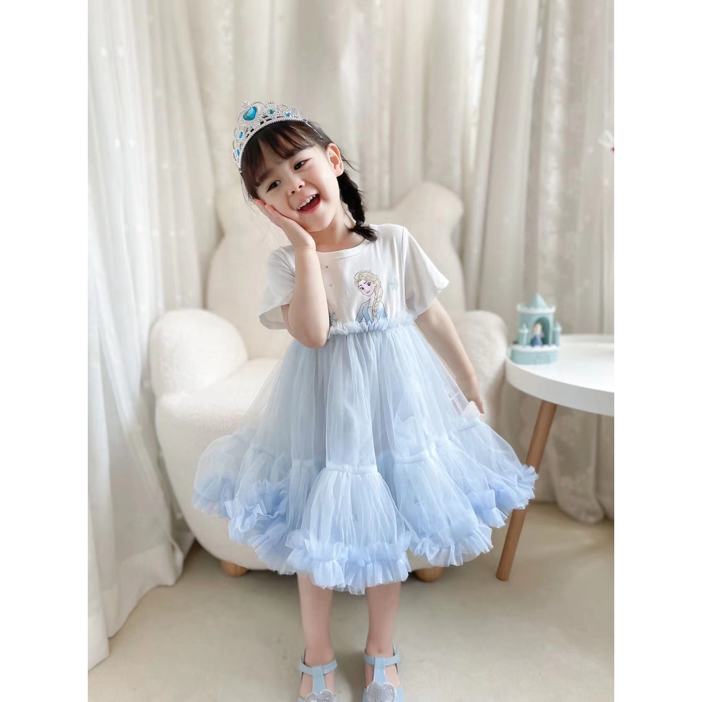Đầm Công Chúa Phối Lưới Họa Tiết Frozen Thời Trang Mùa Hè Hàn Quốc Cho Bé Gái 3-9 Tuổi