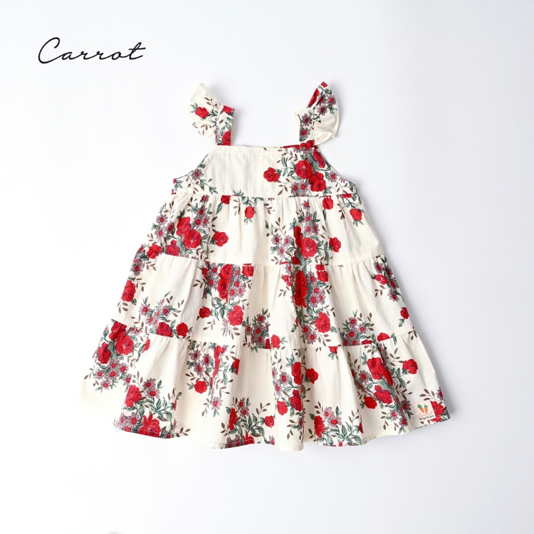 Váy Bé Gái Carrot 2 Dây Cánh Tiên, Họa Tiết Hoa Hồng Leo, Chất Thô Cotton Thoáng Mát Thấm Hút Mồ Hôi
